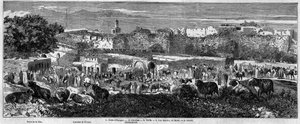 Ansicht der Stadt Tanger (Marokko) am Tag des arabischen Marsches. Gravur in 