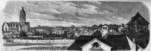 Ansicht des Stadtteils Kastrich in Mainz (Deutschland) vor der Explosion des Pulverfasses im Jahr 1857. Nach einer Fotografie. Gravur in „Le Monde Illustré“ Nr. 36 vom 19. Dezember 1857 von French School