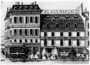 Ansicht des Äußeren der Bon Marché Geschäfte, Rue de Sèvres, Paris, ca. 1869 von French School