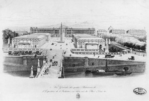 Ansicht der vier Gebäude der Industrieausstellung in Paris, Place Louis XV, 1834 von French School