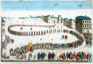 Ansicht der großen Prozession des Selbst-Dafé, wo wir die von der Inquisition in Lissabon verurteilten Verbrecher sehen - Gravur