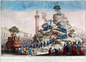 Ansicht des Berges, der auf dem Feld der Wiedervereinigung errichtet wurde. 20 Prairial Jahr II (8. Juni 1794) anlässlich des Festes des Höchsten Wesens Anonyme Gravur von 1794. Paris, Musée Carnavalet