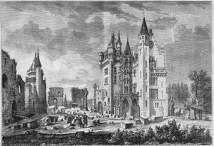 Ansicht der Restaurierungsarbeiten am Schloss Pierrefonds, organisiert von Eugene Viollet le Duc (Viollet-le-Duc), während des Besuchs von Napoleon III. und der Kaiserin Eugenie de Montijo. Oise (60) von French School