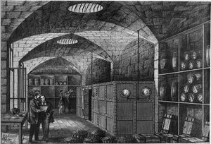 Ansicht der Straffung, die sich in den Kellern des Louvre befindet, wo das für Deutschland bestimmte Silber gelagert wird. Frankreich musste nach seiner Niederlage im Krieg von 1870 Entschädigung zahlen. Paris