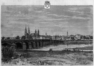 Ansicht der Stadt Moulins im Allier. Gravur von 1880 in „La république illustrée“ private Sammlung. von French School