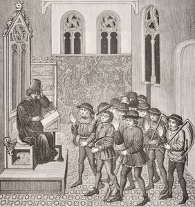 Bösewichte erhalten die Befehle ihres Herrn, bevor sie zur Arbeit gehen, nach einer Miniatur in einem Manuskript aus dem 15. Jahrhundert, aus Le Moyen Age et La Renaissance von Paul Lacroix (1806-84) veröffentlicht 1847 von French School