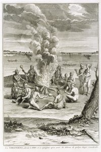 Virginier, die Feuer anbeten und sich freuen, aus erheblicher Gefahr befreit worden zu sein, Illustration aus Religiöse Zeremonien und Bräuche, graviert von Bernard Picart (1673-1733) 1721 von French School