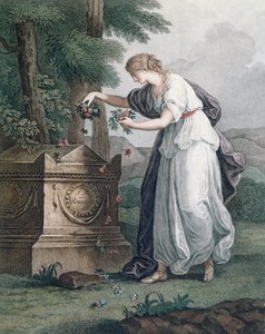 Tugend erweist Ehre am Grab von Rousseau, Ermenonville (Tombeau de Jean Jacques Rousseau), 1866 (handkolorierte Punktstichgravur) von French School