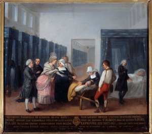 Besuch von Monsieur und Madame Necker im Hospiz der Barmherzigkeit Dies ist ein Krankenhaus (heute Necker-Krankenhaus in Paris), das 1778 vom Minister und seiner Frau, einer Schriftstellerin, gegründet wurde. Gemälde der französischen Schule. 18. Jahrhunde