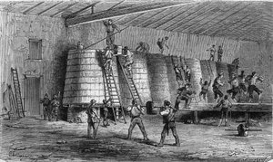 Weinbau im Médoc: Stampfen und Einlegen in die Gärbottiche. Gravur in „Le Monde Illustré“ Nr. 561 vom 11. Januar 1868. von French School