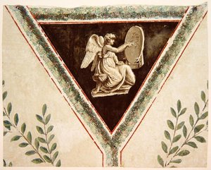 Tapetendetail, das ein Panel mit einem Engel zeigt von French School