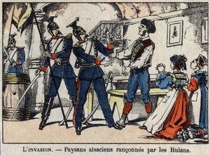 Krieg von 1870 zwischen Frankreich und Preußen: Elsässische Bauern von den Hulans (Ulanen, Houlans) erpresst. Bild von Epinal. von French School