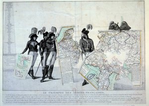 Kriege der Revolution: General Napoleon Bonaparte (1769-1821) hält eine Karte von Italien (zur Zeit des Italienfeldzugs), um das Puzzle der von Frankreich eroberten Gebiete zu vervollständigen. Links wahrscheinlich die Generäle Hoche, Pichegru und Jean Vic von French School