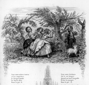 Wir waren drei Mädchen. Drei Mädchen spielen mit einem Hirten und machen ihn verlegen. Gravur in „Chants et chansons populaire de la France“, Band 2