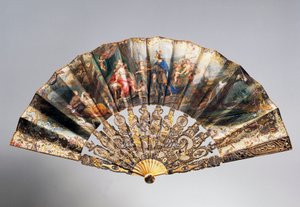 Hochzeitshandfächer, der David zeigt, wie er seine Krone an Bathseba übergibt, Louis XVI-Stil Stäbe
