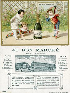 Was für ein Glück! Eine Flasche Champagner; Vorder- und Rückseite einer Werbekarte für die Bon Marché Kaufhäuser in Paris, ca. 1895