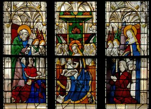 Fenster E3 mit der thronenden Jungfrau und dem Kind: auch die Stifter mit ihren Schutzheiligen (St. Peter und St. Barbara) von French School