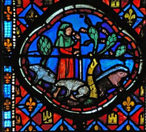 Fenster Ew-L, eine Szene aus der Geschichte vom verlorenen Sohn darstellend: Er kümmert sich um Schweine und denkt nach von French School