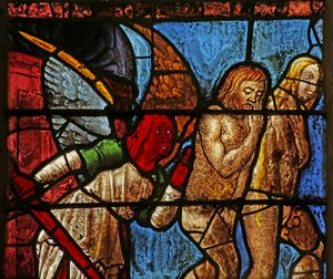 Fenster mit Adam und Eva, die aus Eden vertrieben werden