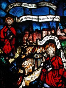 Fenster, das Christus in der Wüste von Engeln bedient zeigt von French School