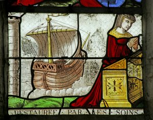 Fenster, das eine weibliche Stifterin und ein Boot darstellt von French School