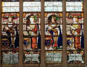 Fenster, das Jacques de Bourbon (1315-61) Comte de la Marche, Jeanne de Chatillon-Saint-Pol (gest. 1371) Jean I de Bourbon (1361-94) und Catherine, Comtesse de Vendome zeigt von French School
