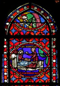 Fenster mit Darstellung einer Szene aus dem Leben des Heiligen Bonnet: Heilung einer blinden Frau von French School