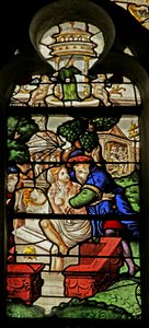 Fenster mit Susanna, die beim Baden belästigt wird von French School