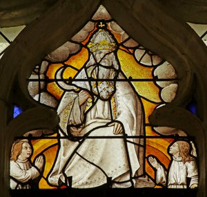 Fenster, das eine Szene aus dem Buch der Offenbarung darstellt: Gott mit Sichel von French School