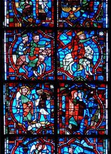 Fenster, das Szenen aus der Kindheit Christi darstellt, einschließlich der Magier, die dem Stern folgen, der Verkündigung an die Hirten und der Heimsuchung