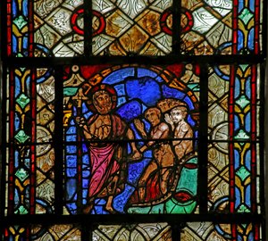 Fenster, das die Höllenfahrt Christi darstellt von French School