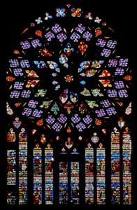Fenster, das das Jüngste Gericht mit dem Leben des heiligen Stephanus darunter darstellt von French School