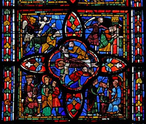 Fenster, Darstellung des zweiten Abschnitts des Fensters w7: In der Mitte ist die Kreuzigung des Heiligen Petrus; anderswo ist Heiliger Petrus vor Nero; Heiliger Petrus im Gefängnis; der Teufel nimmt eine Seele