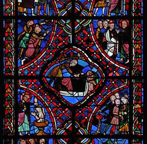 Fenster, Darstellung des dritten Abschnitts des Heiligen Jakobus-Fensters, w5: Nicht alle Szenen wurden identifiziert, aber eine Taufe ist zu sehen und möglicherweise das Martyrium des Heiligen von French School