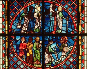 Fenster aus der Kapelle der Jungfrau darstellend die Israeliten in der Wüste und Moses auf dem Berg Sinai, ca. 1240-50 von French School
