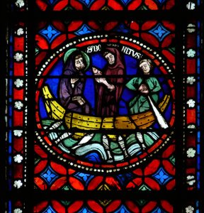 Fenster s1-R, eine Szene aus der Reise des heiligen Bonnet nach Rom und Abenteuer darstellend