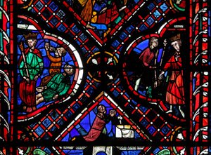 Fenster w03, Darstellung von Szenen aus der Legende des Heiligen Johannes, einschließlich des Heiligen und des vergifteten Bechers von French School