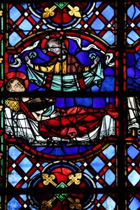 Fenster w04, Darstellung der Barmherzigkeit des Heiligen Martin: Er teilt seinen Mantel und dieser wird von Christus zurückgegeben von French School