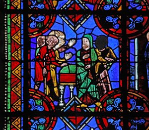 Fenster w06, Darstellung von Pilgern am Grab des Heiligen Brioude von French School
