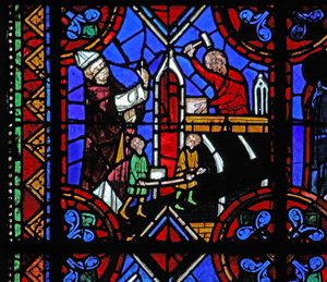 Fenster w06, Darstellung des Baus einer Kirche von French School