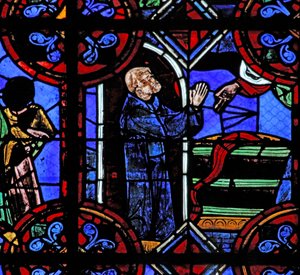 Fenster w06, Darstellung des Wunders des vollen Weinfasses bei der Gründung der Abtei des Heiligen Julian