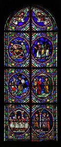 Fenster w.102, das Szenen aus dem Leben des heiligen Pantaleon darstellt