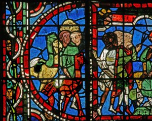 Fenster Nr. 11-L, Darstellung einer Szene aus der Geschichte von Joseph: Seine Brüder bitten Benjamin, mit ihnen zurückzukehren