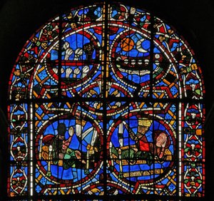 Fenster Nr. 11-R, Darstellung von Josephs Traum von Sonne, Mond und Weizengarben, die sich vor seiner Garbe verneigen von French School