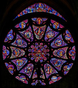 Fenster w115, die Schöpfung (teilweise modern) darstellend (Rosettenfenster - innen)