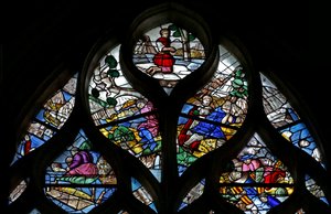 Fenster w124, Szenen aus der Sintflut und der Arche Noah. Oben der Stifter(?) Georges Le Picart de Radeval