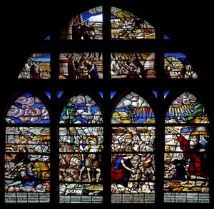 Fenster w128, Szenen aus der Geschichte von Moses; Durchzug durchs Rote Meer; Manna sammeln von French School