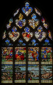 Fenster w12 mit Darstellung der Speisung der 5000; eine lokale Szene des Brückenbaus von French School