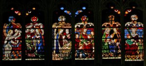 Fenster w132, Verkündigung, Geburt Christi: Maria Cleophas mit St. Jakobus dem Geringeren: Maria Salome mit St. Johannes: St. Anna mit der Jungfrau als Dreifaltigkeit von French School