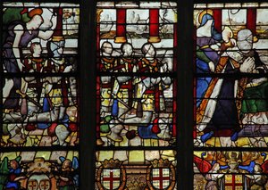 Fenster w13 zeigt Anne de Montmorency mit seinem Schutzpatron St. Anna (lehrt der Jungfrau das Lesen) und 5 seiner Söhne von French School